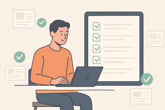 ノートパソコンとタブレットを前にした人物が、チェックマーク付きのリストを確認しているイラスト